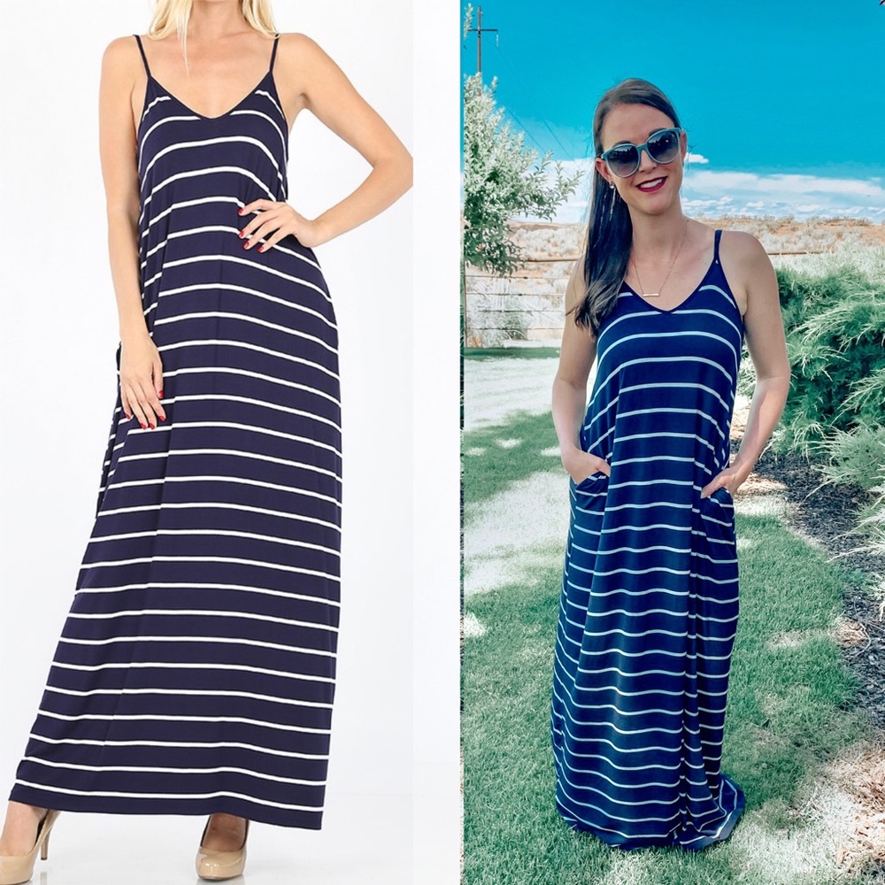 Navy & white stripe Vneck maxi dress w pockets